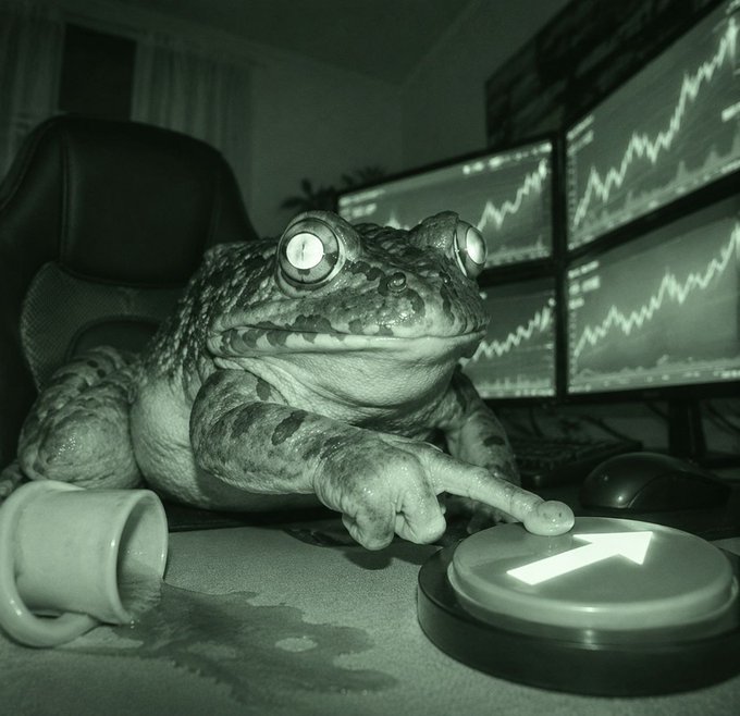 A toad with wide, glowing eyes sits at a desk with multiple stock charts on screens behind it, pressing a giant glowing button with its finger while a spilled mug sits nearby. The image humorously relates to the post about $FRONG becoming deflationary, with the toad acting as an overeager trader mindlessly hitting the "buy" button—capturing the chaotic, impulsive "send it" meme energy of altcoin hype.
