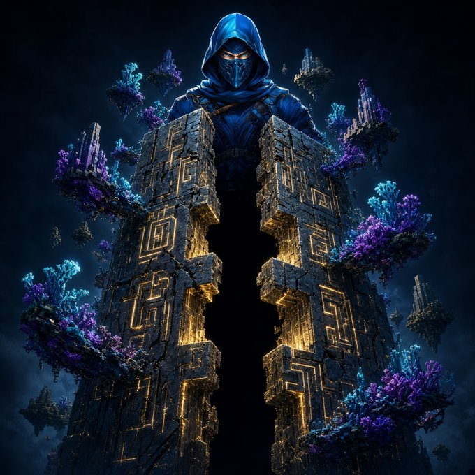 A digital fantasy artwork depicting a hooded masked figure in blue robes standing behind an ornate, glowing stone archway adorned with purple and blue crystals and floating islands.