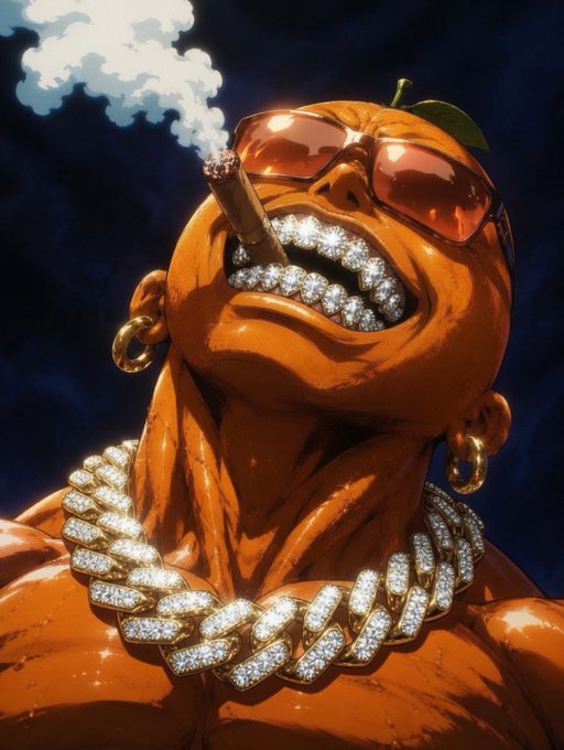 A digital artwork of an orange character wearing sunglasses, diamond-encrusted grillz and chains, smoking a cigar with smoke billowing upward.
