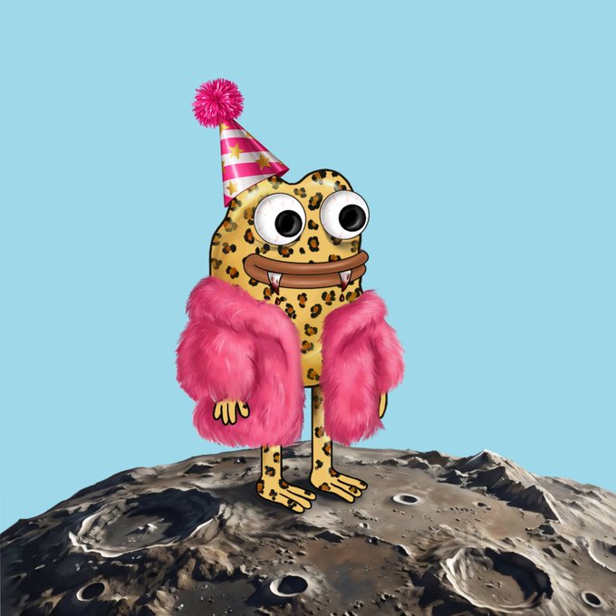 A whimsical cartoon character with a leopard-print body, pink fur coat, and a pink party hat stands on a moon-like surface against a blue background.