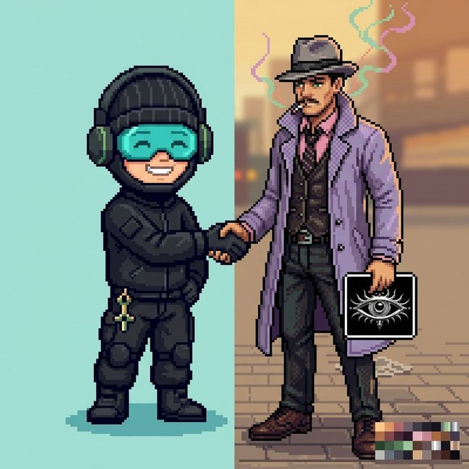 Pixel art illustration of two characters shaking hands: one in black tactical gear with a blue visor and cross necklace, and another in a purple trench coat and hat smoking a cigarette.