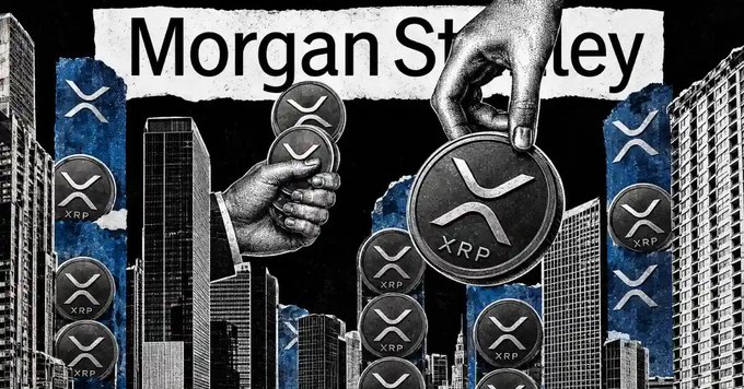 The image features a cityscape featuring a large black hand holding up an XP coin against a blue background. The text "Morgan Stanley" and "XRP" are written above the hand, indicating that Morgan Stanley has become the latest major U.S. financial institution to gain exposure to XRP, as it is being portrayed as the new Bitcoin. There are also various other coins scattered around the scene, adding more context to this financial narrative.