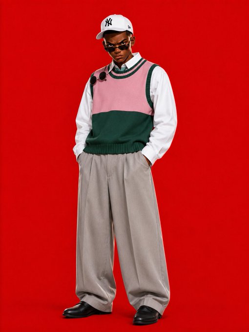 A man poses against a solid red background wearing a New York Yankees cap, sunglasses, a pink and green sweater vest over a white shirt, loose gray trousers, and black shoes.