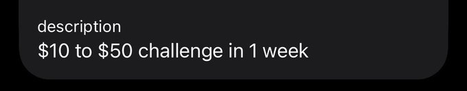 A dark social media graphic displays the text "description $10 to $50 challenge in 1 week," promoting a money-flipping challenge that aligns with the post's invitation to join a group and turn $10 into $50.