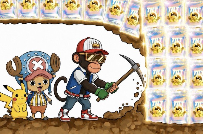 A cartoon monkey wearing a crown-adorned red cap and sunglasses swings a pickaxe through dirt toward stacks of gold "TILT RIPS" cards, joined by Pikachu and Chopper from One Piece—visually representing the $30,000 Tilt Treasure Hunt promo race and the chance to unearth treasure rewards before Sunday 7pm PT.