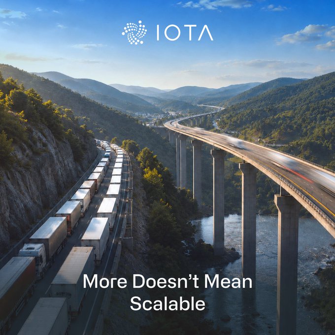 The image shows a congested highway with trucks lined up alongside an elevated bridge, branded with the IOTA logo at the top and the caption "More Doesn't Mean Scalable" at the bottom. The visual metaphor of a traffic jam parallels the post's message about border queues, illustrating how simply adding more lanes (or infrastructure) doesn't solve the underlying bottleneck of inefficient, sequential verification—much like adding more roads won't ease congestion if the data isn't shared and verified just once.