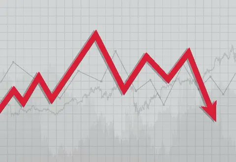 A graphic showing a thick red line on a grid background zigzagging upwards before sharply trending down into a downward arrow.
