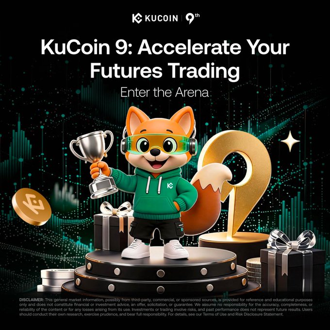 The image is a promotional graphic for KuCoin's 9th anniversary featuring their fox mascot wearing green headphones and a KuCoin hoodie, holding a trophy while standing on a podium with a large golden "9," gift boxes, and KuCoin coins against a dark market chart background. The text "KuCoin 9: Accelerate Your Futures Trading — Enter the Arena" directly ties to the post's announcement of the 9th Anniversary Futures Campaign's final countdown.