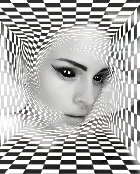 A black-and-white portrait of a woman's face framed by a swirling checkered optical illusion that distorts around her features. The post "GM dear Aras" suggests a good morning greeting, with the dreamlike, hypnotic imagery evoking a surreal waking state.