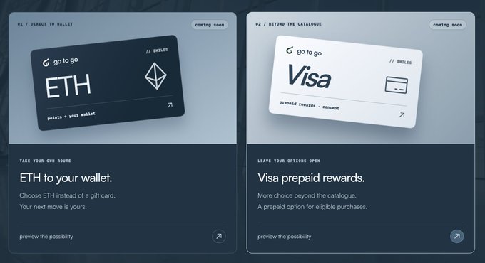 A website interface showing two cards: an 'ETH' crypto card and a 'Visa' prepaid rewards card, both branded 'go to go' with 'DRALLES' labels.