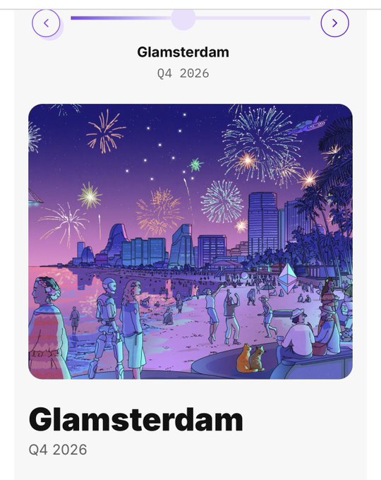 A digital illustration for 'Glamsterdam Q4 2026' showing a vibrant beach city scene with fireworks, a city skyline, palm trees, and people enjoying the purple and pink sunset along the waterfront.