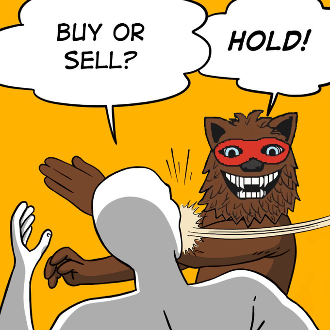 A furry bear mascot wearing a red mask gleefully slaps a faceless figure while speech bubbles shout "BUY OR SELL?" and "HOLD!", illustrating the $BEAR token Discord's chaotic and aggressive approach to trading advice.