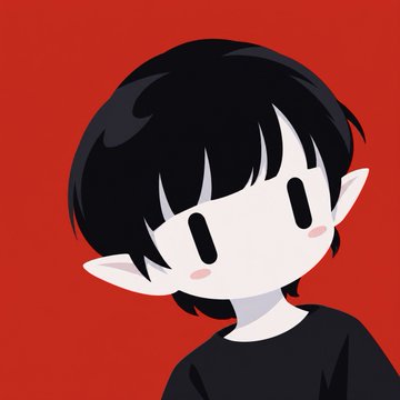 A cartoon illustration of a pale-skinned character with short black hair covering one eye and pointed elf-like ears, wearing a black shirt against a red background.