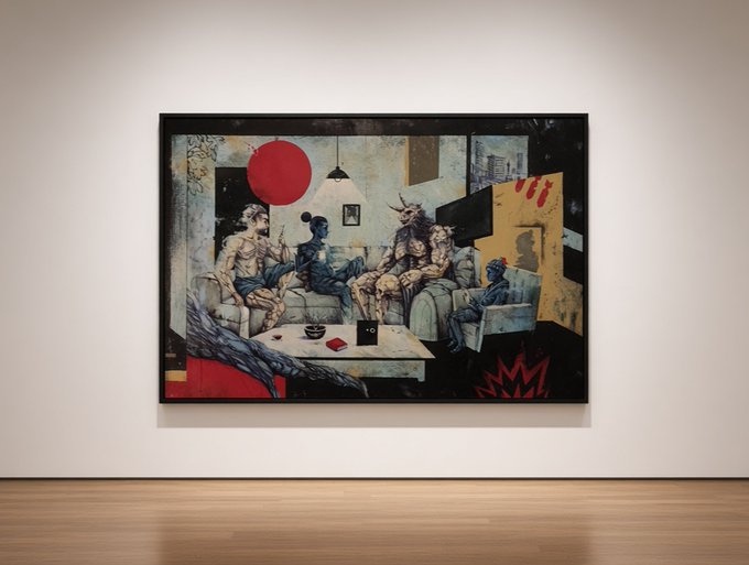 A framed surrealist painting displayed on a white gallery wall, depicting various figures including demons and humans sitting on a couch in a dimly lit room with a red circle hanging from the ceiling.