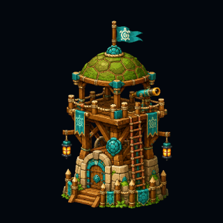 A cartoon-style fantasy tower with a green domed roof, a blue flag, and a telescope on a wooden balcony.
