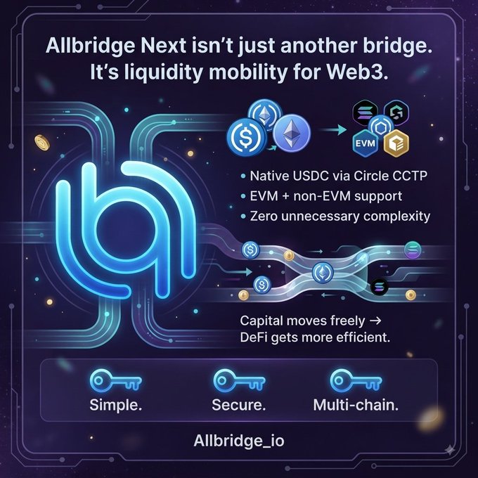A promotional graphic for Allbridge Next describes it as 'liquidity mobility for Web3,' highlighting features like native USDC via Circle CCTP and EVM + non-EVM support, branded as Simple, Secure, Multi-chain.