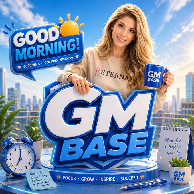 The image features a woman holding a coffee mug with "Gm Base" written on it while standing next to a clock. The background of the image shows buildings, suggesting that they are located in an urban setting. The caption for the image reads: "Focus on what is in the image and how it relates to the post."