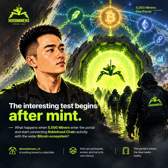 A promotional poster for 'HOODMINERS' featuring a young man, hooded figures walking toward a glowing green portal, and crypto symbols including Bitcoin and Ethereum, with text reading 'The interesting test begins after mint.'