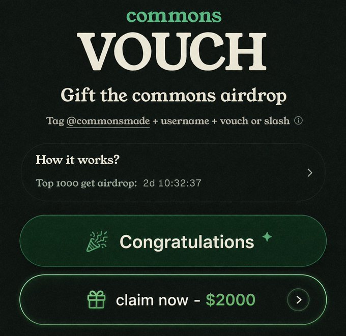A dark-themed promotional graphic for a 'commons' airdrop asking users to tag @commonsmade, featuring a 'Congratulations' message and a 'claim now - $2000' button.