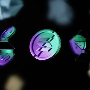 A 3D rendering of a cryptocurrency coin featuring the Solana logo, displayed in iridescent green and purple hues against a dark background.