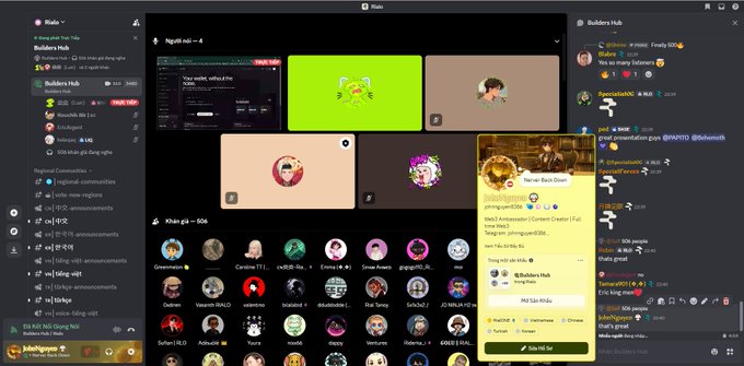 Screenshot of a Discord server interface showing multiple voice channels, a 'Builders Hub' chat, and a pop-up for the 'Hemer Rich User' role with 14.179K SOL worth $1.17M.