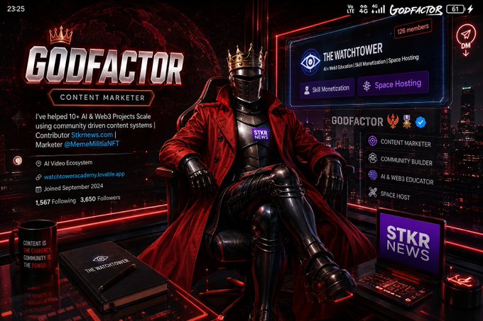 A red-toned promotional graphic titled 'GODFACTOR CONTENT MARKETER' featuring a crowned knight in red robes seated in a cyberpunk cityscape, with text promoting 'AI & Web3 Projects' and 'THE WATCHTOWER' space.