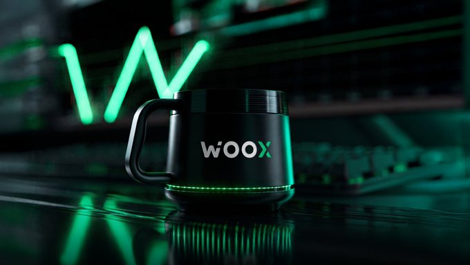 A black mug with 'WOOX' branding sits in front of a neon green 'W' logo with a keyboard and monitor in the background.
