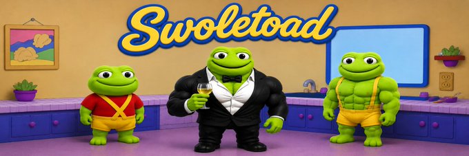 A banner image for the Solana token "$SWOLETOAD" featuring three cartoon toads—two muscular frogs in yellow overalls flanking a tuxedoed, tuxedo-wearing toad holding a wine glass—with the bold yellow text "Swoletoad" displayed across the top in a kitchen setting.