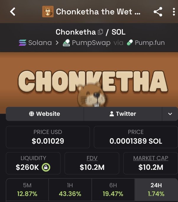 A mobile screenshot showing the "Chonketha" token ($Chonketha/SOL) listed on PumpSwap via Pump.fun on the Solana network, with a current price of $0.01029, a market cap of $10.2M, and notable gains of 12.87% (5M), 43.36% (1H), and 19.47% (6H), supporting the post's claim that the meme token is "making the moves again."