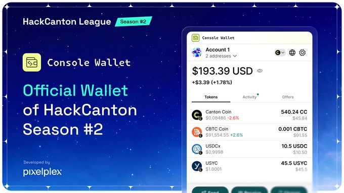 The image shows an advertisement for the "HackCanton League" that includes a screenshot of a smartphone displaying its console wallet app. The title of the ad reads "HackCanton Season 2", indicating the season being showcased. The main content of the advertisement is related to a console wallet that allows users to self-custody, has a simple design, and comes with various risk checks to ensure security. It is designed for networks associated with the "HackCanton Network" or those following their terms of service. The app's name, "@MinecraftInc", appears in the image as well.