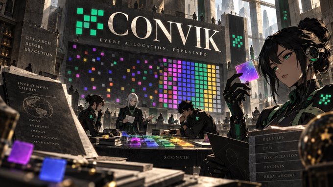 An anime-style promotional image for 'CONVIK' featuring a dark-haired female character holding a purple object, with people gathered around a table and a colorful grid in the background.