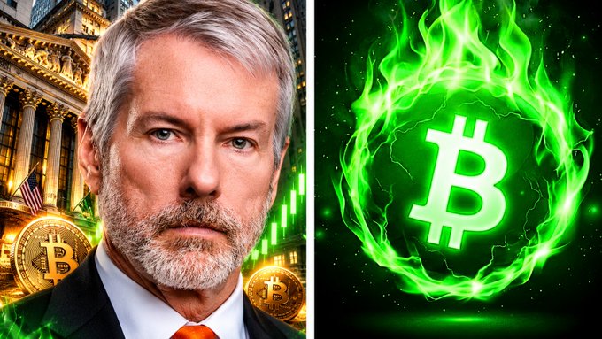A split graphic shows a gray-haired man in a suit beside Bitcoin coins and a glowing green Bitcoin symbol.