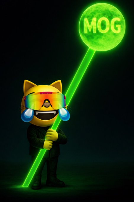 A 3D rendered yellow cat character with a wide smile wears iridescent sunglasses and holds a glowing green staff topped with a moon bearing the word 'MOG'.