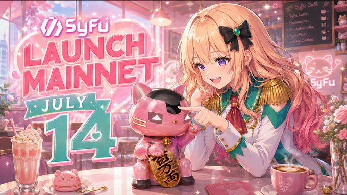 Anime-style promotional image announcing "SyFu LAUNCH MAINNET JULY 14," featuring a smiling orange-haired anime girl named Mitsuri petting a pink robotic cat mascot beside a large golden kanji coin, with a café background displaying a "SyFu Café" menu.