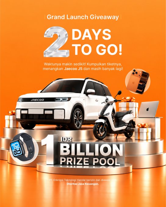 An orange promotional advertisement for a Jaecoo Grand Launch Giveaway with '2 DAYS TO GO!' featuring a white Jaecoo J5 SUV, a scooter, smartwatch, and iPhone as prizes in a '1 IDR BILLION PRIZE POOL'.