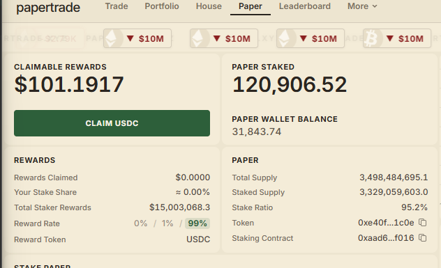 A screenshot of a 'papertrade' interface displaying $101.1917 in claimable USDC rewards, 120,906.52 paper stacked, and a 95.2% stake ratio.