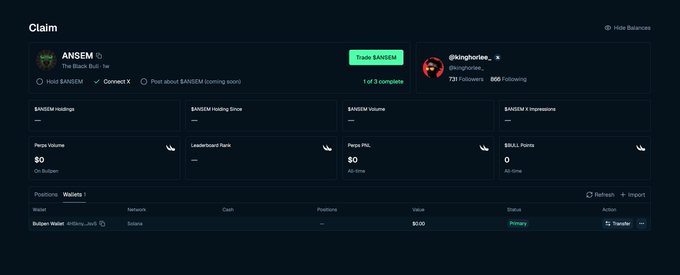 A claim interface for $ANSEM token showing ANSEM's holdings with all metrics (mcap, holding, volume, PNL, BBA points) at $0 or '—'.