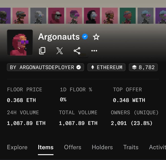 A screenshot of a cryptocurrency NFT collection called "Argonauts" on OpenSea, showing a floor price of 0.368 ETH, a top offer of 0.348 WETH, and a total volume of 1,087.89 ETH on the Ethereum network.