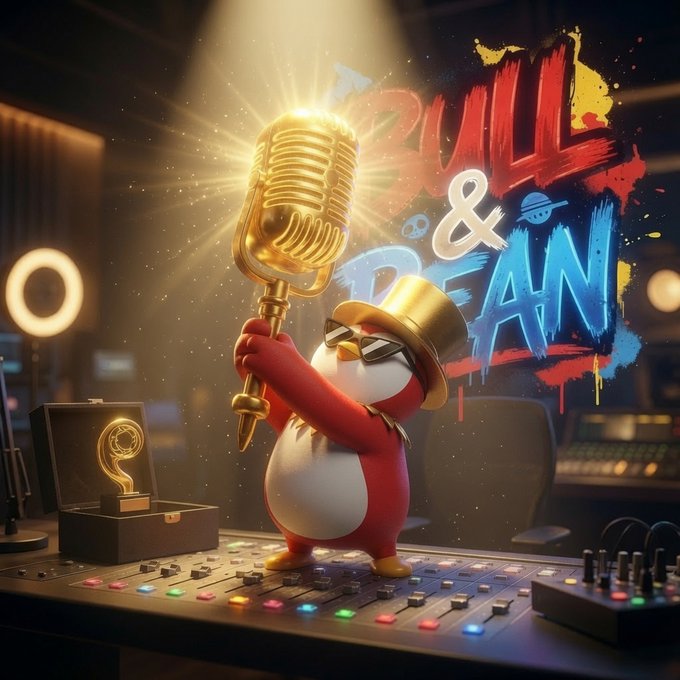 A stylish penguin mascot wearing sunglasses and a gold top hat triumphantly holds a glowing golden vintage microphone, with "BULL & BEAN" displayed in bold red and blue graffiti-style text in the background. The image serves as a celebratory graphic for the @bull_and_bean show, capturing the energetic, showbiz vibe of a successful broadcast featuring cohosts like @Coinmaster100x and @0x_NickTheFreak discussing GTA6, AI, memecoins, and the $ANSEM thesis.