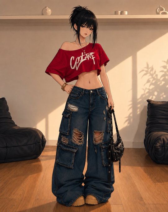 An anime-style illustration of a girl in a red crop top and oversized ripped blue jeans, standing indoors near bean bags with sunlight casting shadows on the wall.