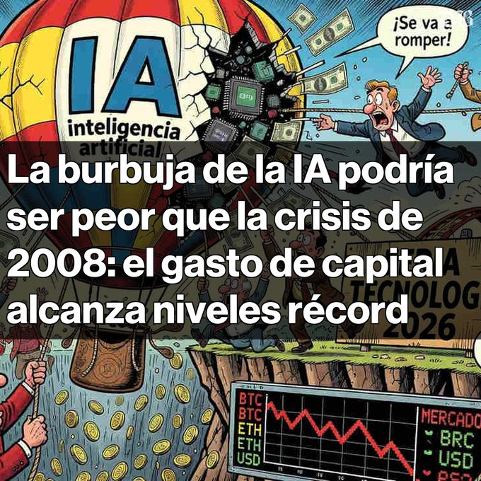 A comic-style illustration warning about an AI bubble, showing a hot air balloon labeled 'IA inteligencia artificial' crashing while people panic below, overlaid with Spanish text: 'La burbuja de la IA podría ser peor que la crisis de 2008: el gasto de capital alcanza niveles récord', with a market ticker showing BTC and ETH declining.