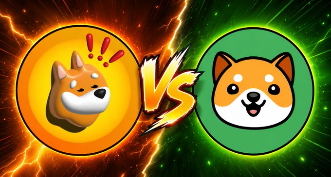 A vibrant "VS" battle graphic featuring the BONK (orange Shiba Inu) and BABYDOGE (Shiba Inu puppy) memecoin logos set against dramatic orange and green lightning backgrounds, visually representing the post's question asking which memecoin traders are more bullish on.