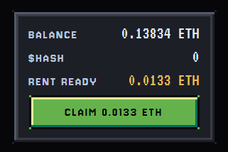 A digital wallet interface displays a balance of 0.13834 ETH, $HASH of 0, rent ready of 0.0133 ETH, and a green button to claim 0.0133 ETH.