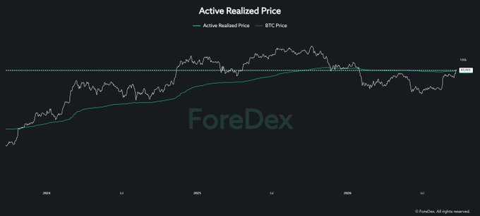 A financial chart titled 'Active Realized Price' comparing BTC Price (white line) against Active Realized Price (teal line) from 2024 through 2026, branded with 'ForeDex' watermark.