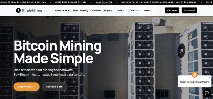 A website screenshot for 'Simple Mining' with the headline 'Bitcoin Mining Made Simple', showing mining hardware in a data center and navigation options to 'Shop miners' or 'Schedule a call'.