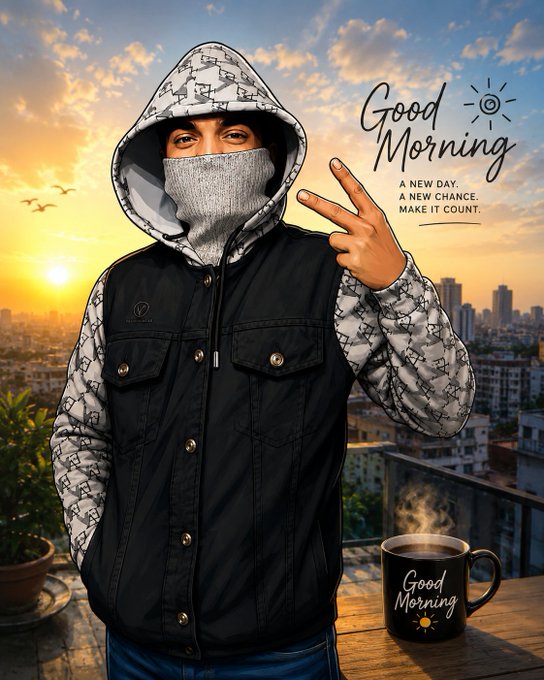 Promotional 'Good Morning' image featuring a person in a patterned hooded jacket and mask making a peace sign, with a steaming 'Good Morning' mug against a city sunrise backdrop.