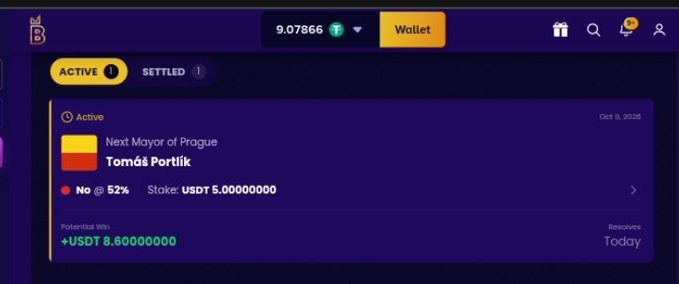 A screenshot of a betting platform showing an active bet on 'Next Mayor of Prague' for 'Tomáš Portlík' with a stake of USDT 5.00000000 and a 52% chance of 'No'.
