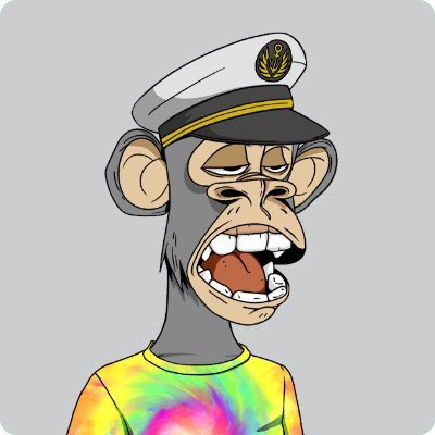 The image is a digital NFT-style cartoon portrait of a gray monkey character wearing a white naval captain's hat with a gold anchor emblem, and a colorful tie-dye t-shirt. It has no visible text. The shirt's vibrant psychedelic pattern contrasts sharply with the pirate captain aesthetic, giving it a quirky, rebellious vibe that fits the post's theme of highlighting the subject's creative, unconventional personality beyond his Bored Ape identity.