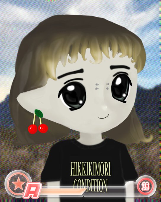 An animated avatar with a bob haircut, cherry earring, and a black shirt reading 'HIKKIKIMORI CONDITION' is displayed on a pixelated video game interface.