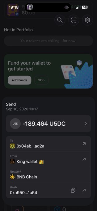 A mobile wallet app shows a Send transaction of -189.464 USDC dated Sep 18, 2026, sent from "King wallet 👑" to address 0x04ab...ad2a on BNB Chain. The post's joke about having "weekend money" carried away from the wallet fits the image, as the large USDC outgoing transfer humorously illustrates funds being drained from the user's crypto wallet.
